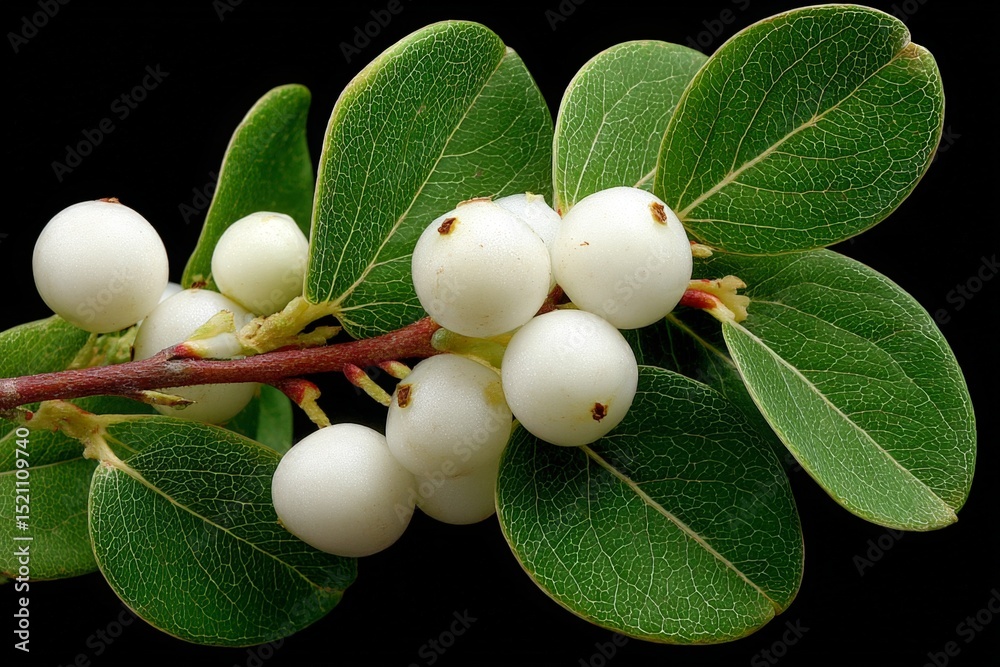 Poster White berries on green leaves captured in a close-up display in a studio setting