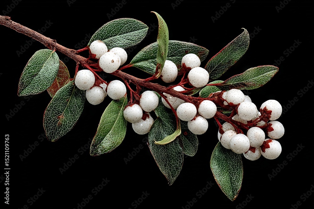 Poster cluster of white berries on a branch with green leaves against a dark background during autumn