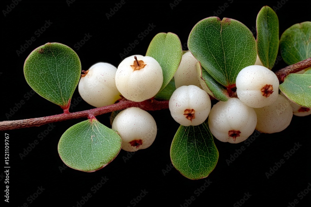 Poster close-up view of a branch featuring small white berries and green leaves in a striking dark backgrou