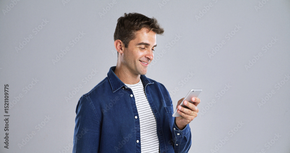 Poster man, smartphone and check notification for communication, social media or email for connection. mock