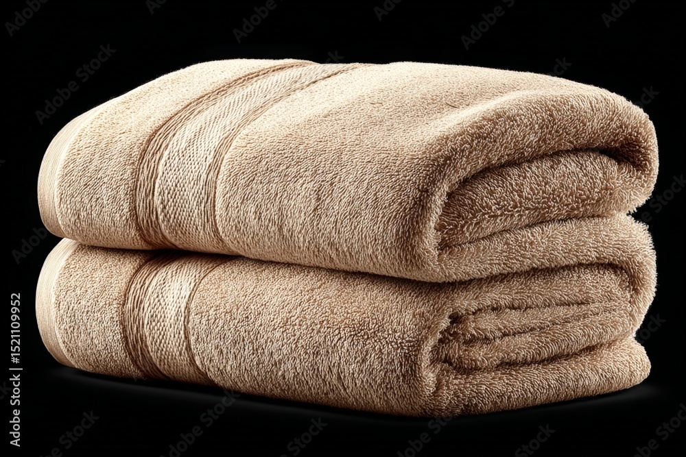 Poster soft beige towels stacked neatly against a dark backdrop, showcasing their plush texture and quality