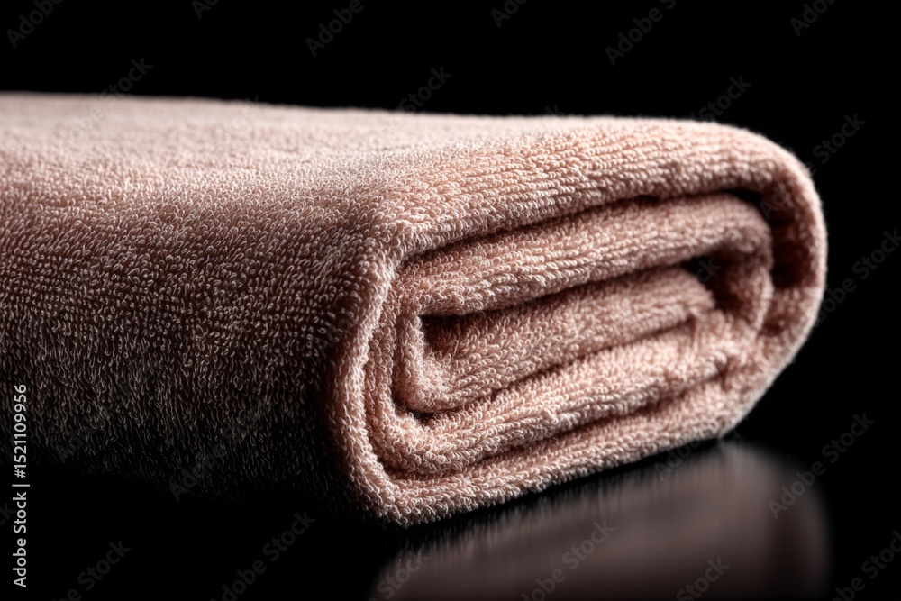 Aufkleber Soft beige towel neatly rolled on a reflective surface showcasing its texture and color in a well-lit setting