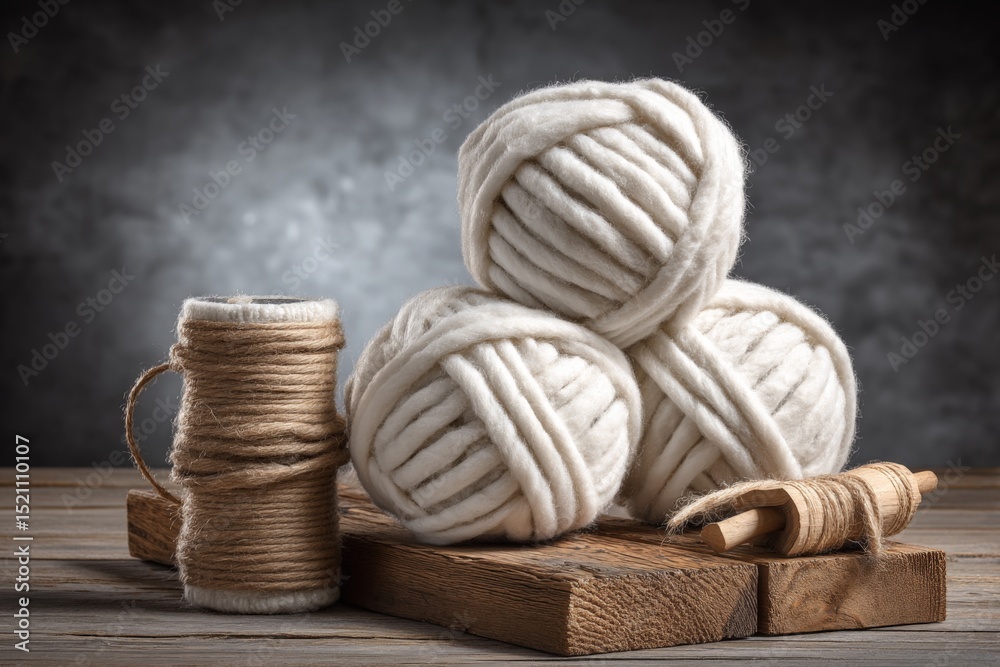 Poster white yarn balls and twine spools arranged on wooden table against a dark background in a cozy craft