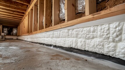 Insulation installation in a residential basement, showcasing foam application along the walls