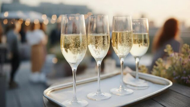 Celebration toast with champagne glasses on a tray at sunset rooftop event