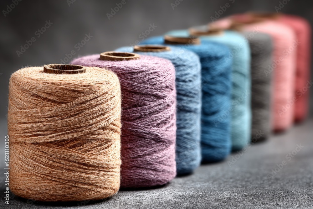Aufkleber colorful spools of thread arranged in a row showcasing various shades on a textured background