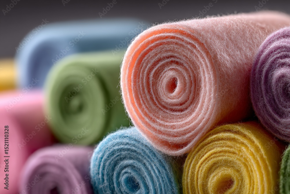 Poster colorful rolls of felt fabric organized in a creative display for crafting projects in a bright room