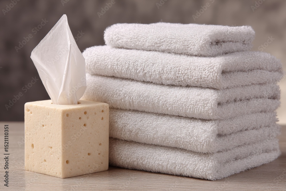 Poster soft gray towels stacked beside a decorative tissue holder on a neutral-toned surface in a calming i