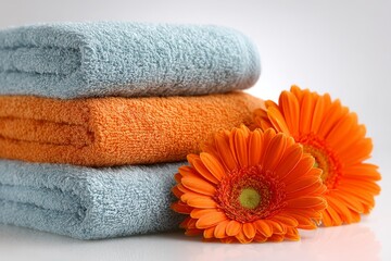 Colorful towels and bright orange gerbera daisies arranged harmoniously on a clean surface in a simple indoor setting