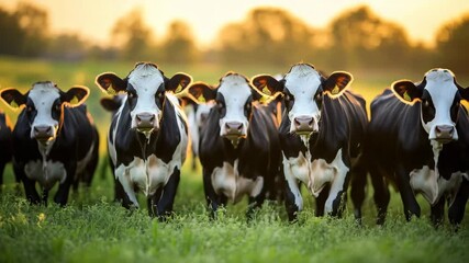 A herd of cows are standing in a field. The cows are black and white. The cows are all facing the camera - Powered by Adobe