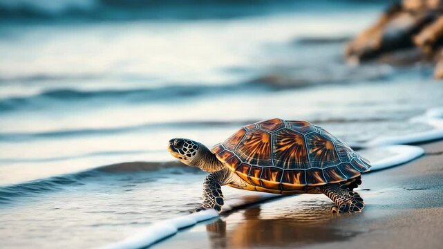A turtle is walking on the beach near the water. The turtle is small and brown. The beach is calm and peaceful