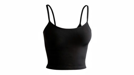 Black ribbed crop top isolated on a transparent background, showcasing thin shoulder straps and a form fitting design, perfect for fashion mockups or showcasing designs