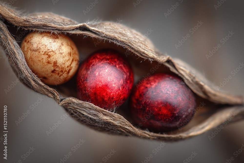 Poster Close-up view of colorful beans inside a natural pod on a soft background showcasing their unique textures and colors