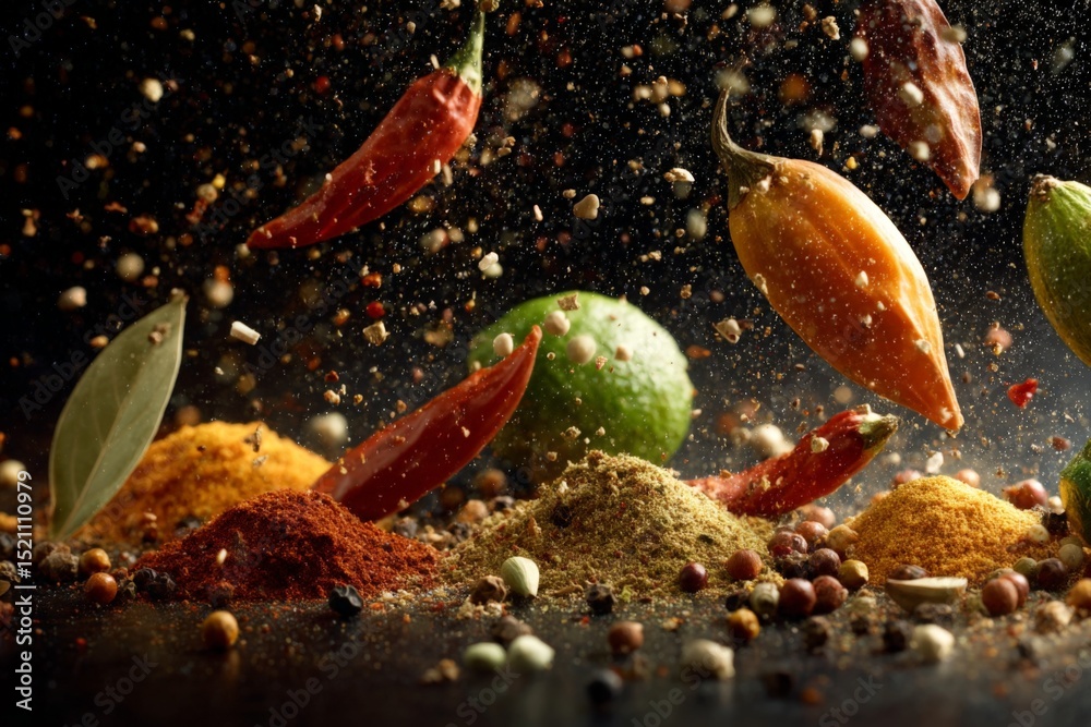 Poster vibrant spices and herbs create a colorful culinary explosion in a dynamic kitchen setting