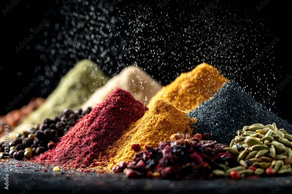 Poster colorful assortment of spices arranged in piles on a dark background with a light dusting of seasoni