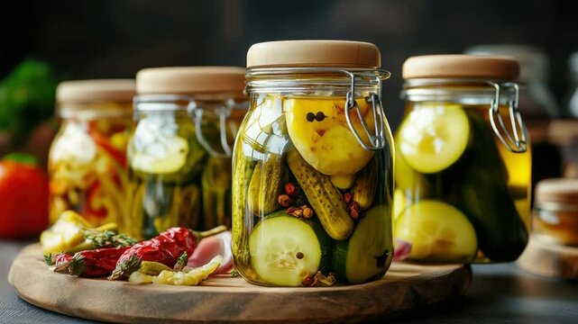 Hand reaches for farmfresh pickles in rustic kitchen setting with vibrant produce