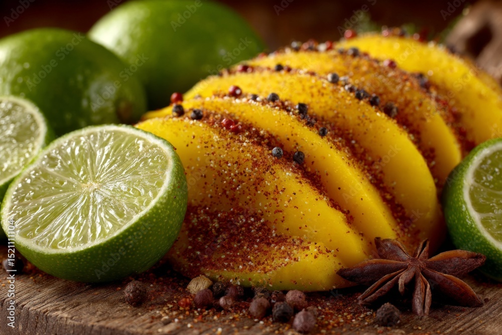 Poster fresh mango slices with lime wedges and spices arranged on a wooden board in a vibrant kitchen setti