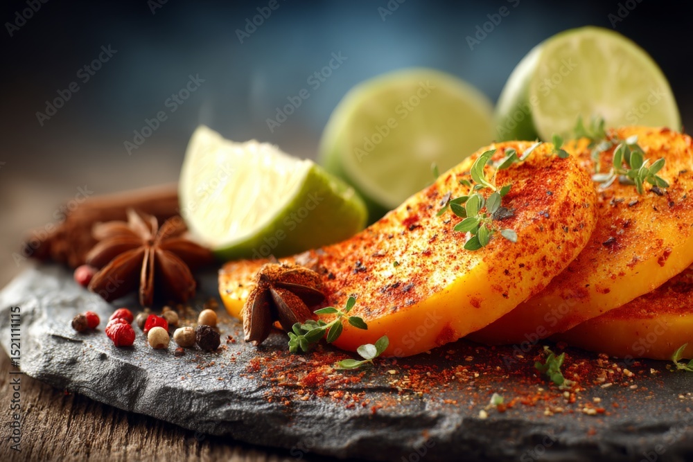 Poster Spicy grilled squash slices served with lime and aromatic spices on a rustic wooden table