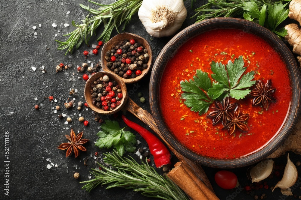 Poster rich and vibrant bowl of spicy red soup with fresh herbs and various spices on a textured dark surfa