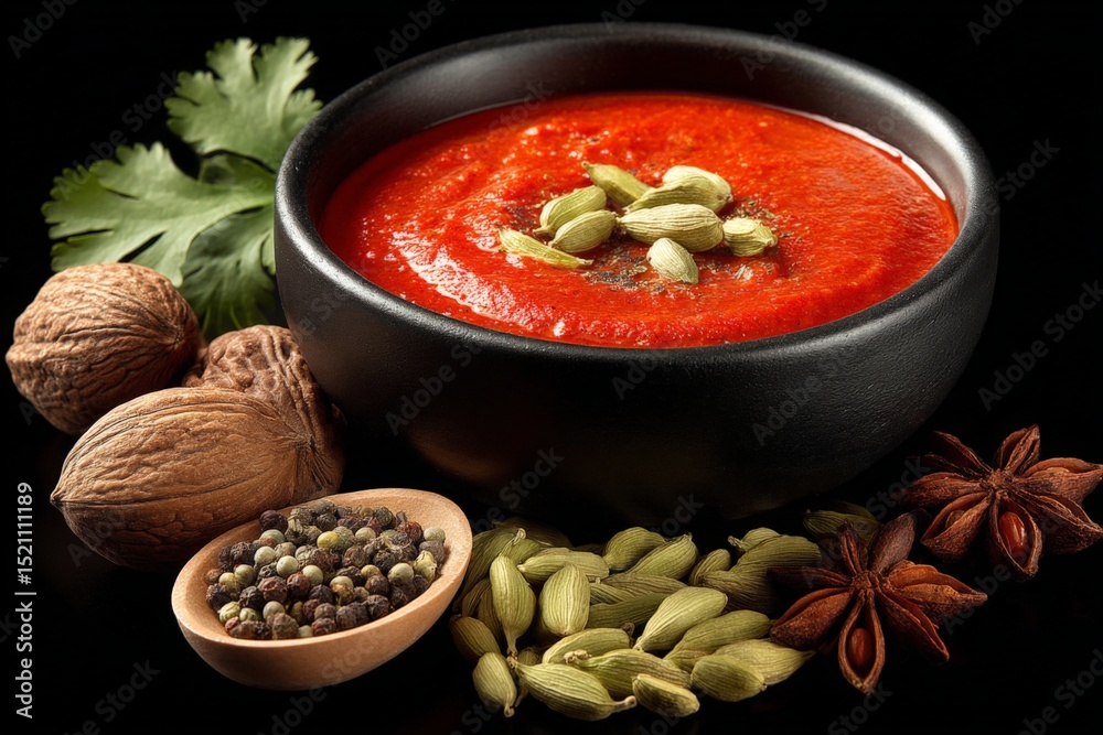 Aufkleber freshly prepared red sauce with spices and nuts placed on a dark surface for culinary presentation
