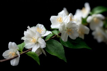 Obraz premium Delicate white jasmine flowers bloom on a slender branch against a dark background in spring