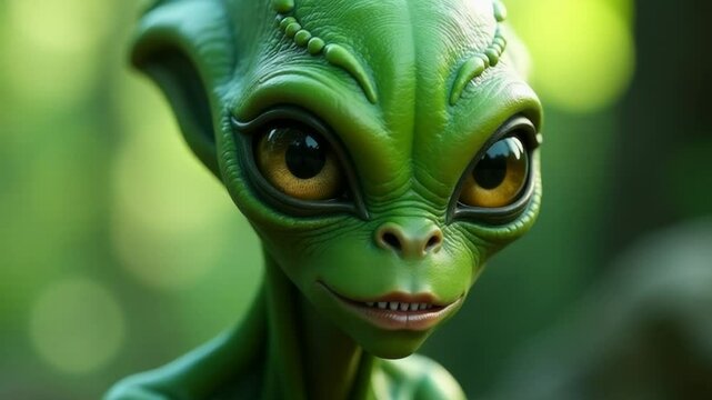 A close-up shot of a small toy alien with large, expressive eyes