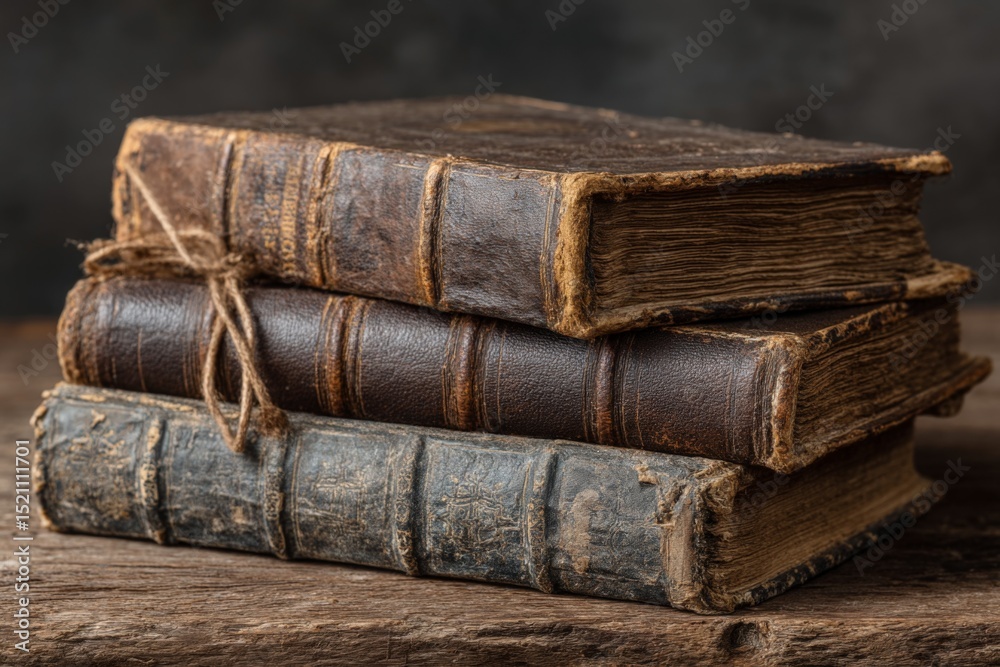 Poster historical leather-bound books stacked on a rustic wooden table with a textured dark background