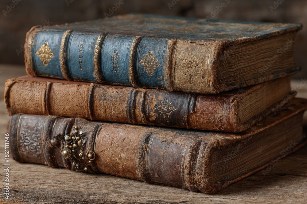 Poster old leather-bound books stacked on a rustic wooden table with worn covers and intricate details unde