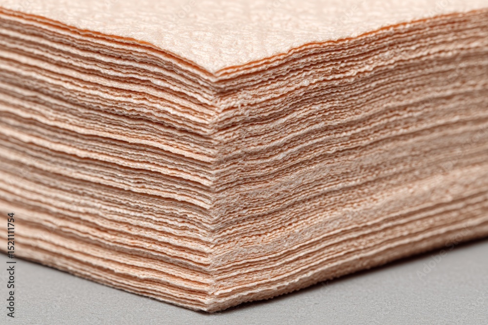 Aufkleber Detailed view of a neatly stacked pile of textured paper sheets in soft, muted tones placed on a smooth surface