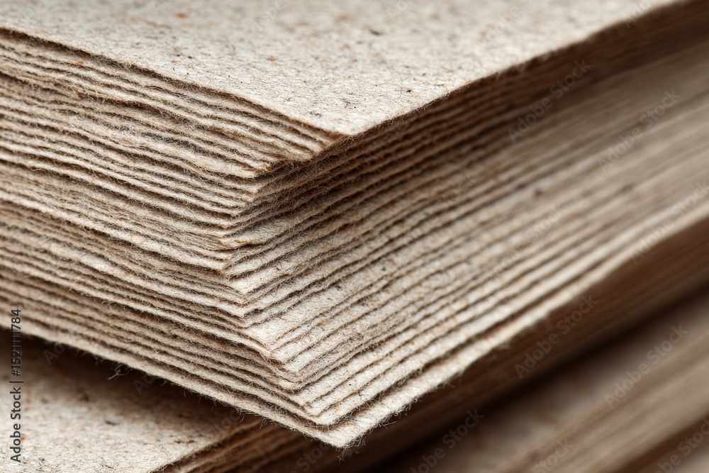 Aufkleber Close-up view of stacked sheets of handmade paper made from natural fibers in a workshop setting