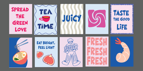 Modern summer posters. Clean layout with playful and natural design elements. Market-style banner for bistros, restaurants, or eco cafes.