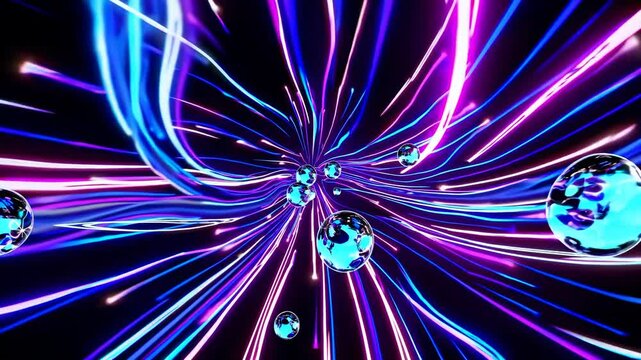 Reflective metallic spheres flying through luminous neon hyperspace tunnel, revealing vibrant purple and blue light streaks against cosmic backdrop