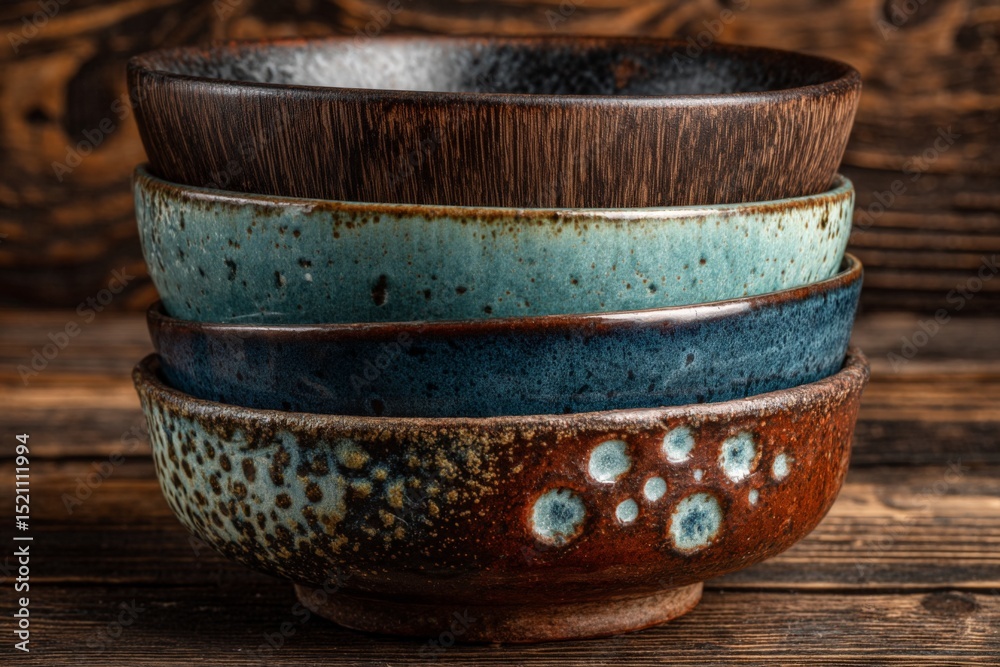 Poster stacked ceramic bowls showcasing unique glazes and textures on a wooden background in a cozy setting