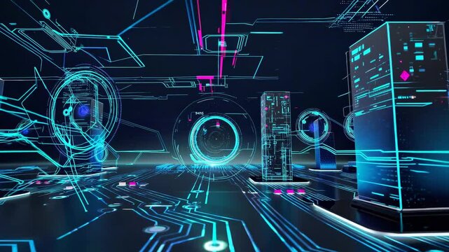 Complex holographic interface animating inside futuristic server room with data processing and transfer, simulating a technological and futuristic environment - Powered by Adobe