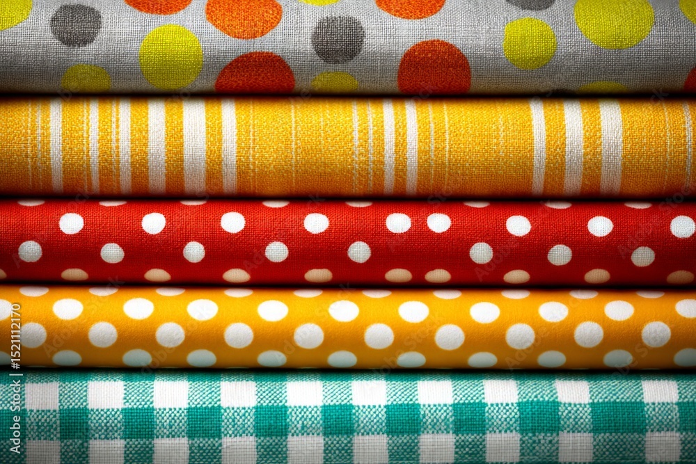 Poster vibrant collection of patterned fabric stacked in a display during a craft fair