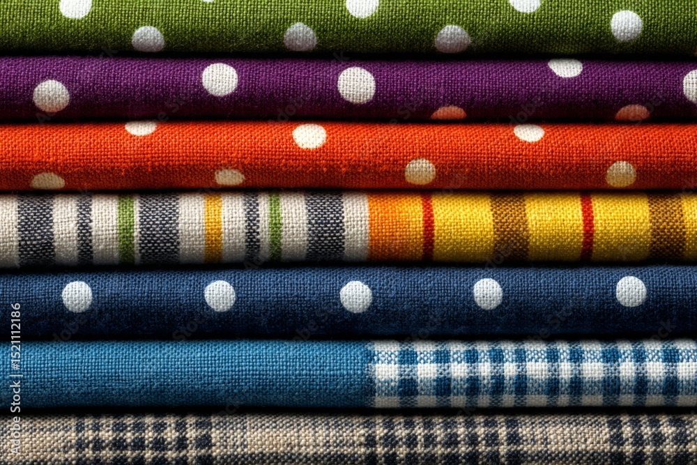 Poster Colorful collection of patterned fabrics stacked neatly for textile design inspiration and creative projects