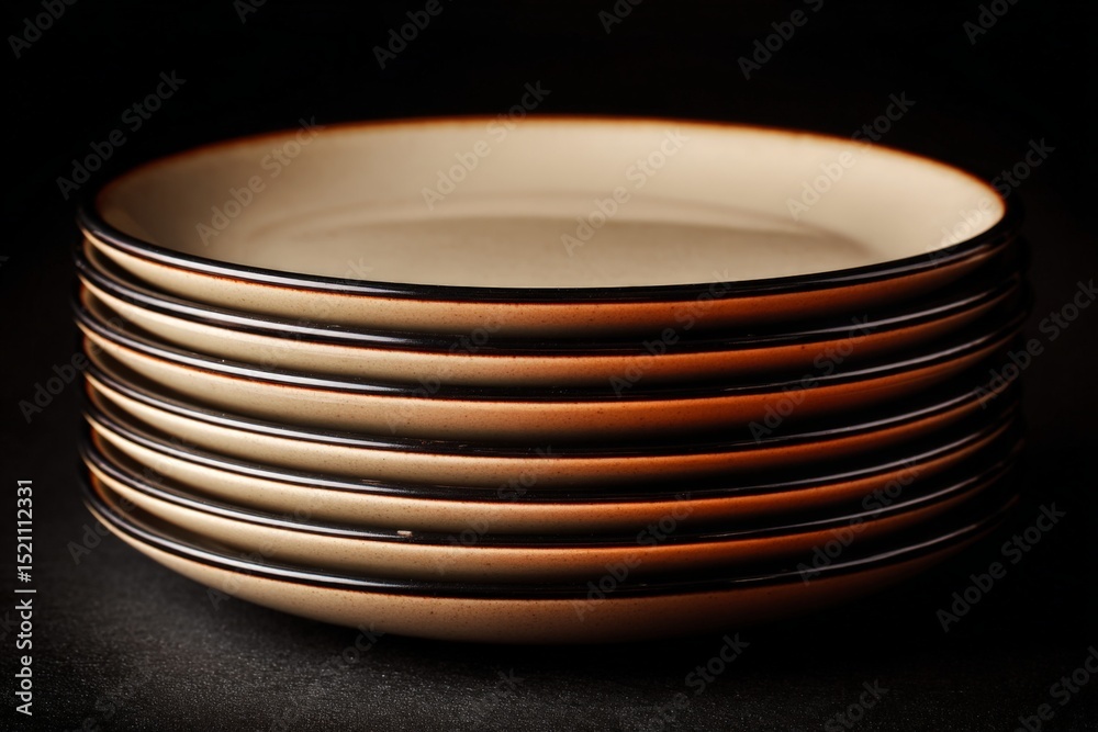 Fototapete stack of six ceramic plates with a sleek design on a dark background showcasing their elegant shape 