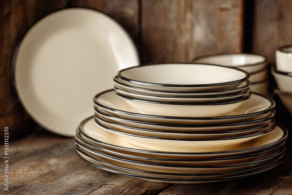 Poster set of stacked dinner plates on a rustic wooden table in a cozy dining area showcasing simplicity an