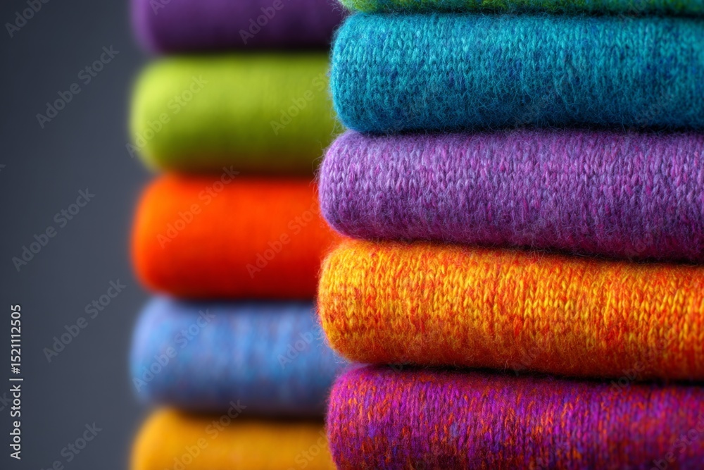 Poster Colorful stacks of knitted fabrics showcasing a vibrant array of textures in a cozy setting during daylight
