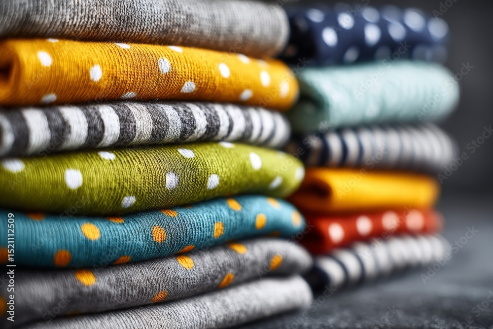 Aufkleber Colorful folded socks in various patterns and hues arranged neatly on a surface