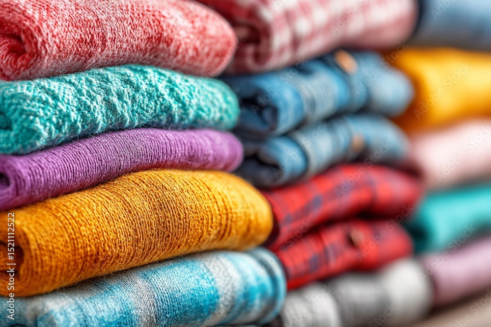 Poster Colorful assorted folded clothes neatly stacked on a wooden surface showcasing various textures and patterns