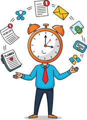 a professional with an alarm clock head, skillfully juggling various work-related elements like documents, emails, and a planner, symbolizing effective time management and multitasking.