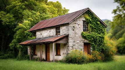 Obraz premium Rustic Stone Cottage Overgrown with Ivy Picturesque Rural Landscape