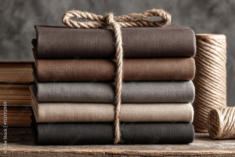 Poster Fabric bundles arranged neatly on wooden surface with twine detail under soft light in a rustic setting