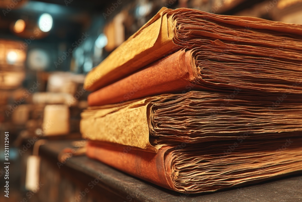 Poster old books stacked in a cozy library displaying rich textures and warm tones during evening light