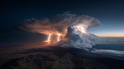 Dramatic lightning storm over desert landscape.