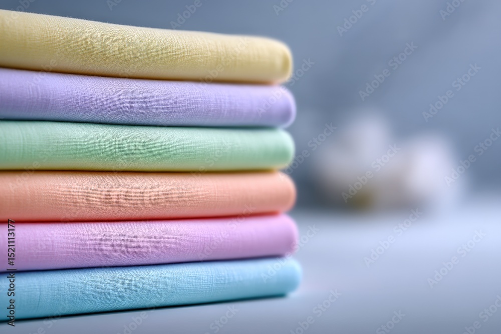 Poster colorful stack of soft fabric linens arranged neatly on a table in a well-lit room