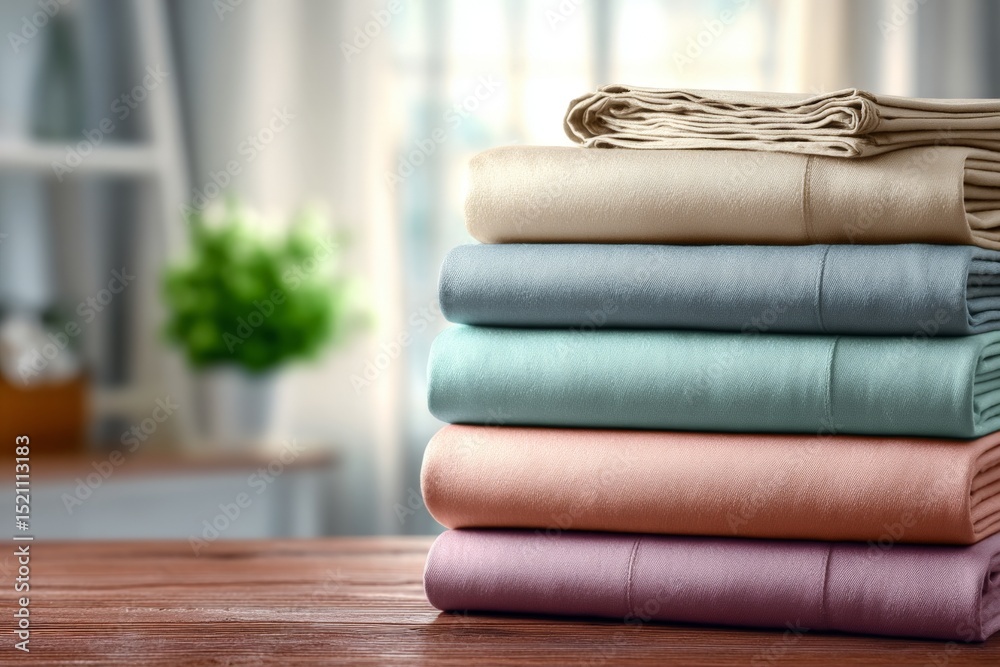 Poster soft and colorful rolled towels neatly stacked on a wooden table in a bright room with a green plant
