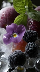 Frozen fruits and flowers on ice.