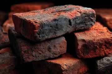 Bricks stacked in artistic arrangement showcasing texture and color contrast in a dimly lit environment